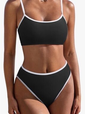 Black & White Contrast High-Waist Bikini Set - Women's Bikini Swimsuit "NEW"